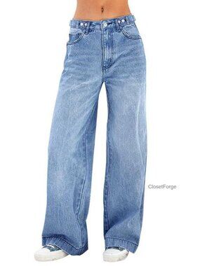 High Waist Wide Leg Baggy Jeans Stretch Denim Pants with Pockets